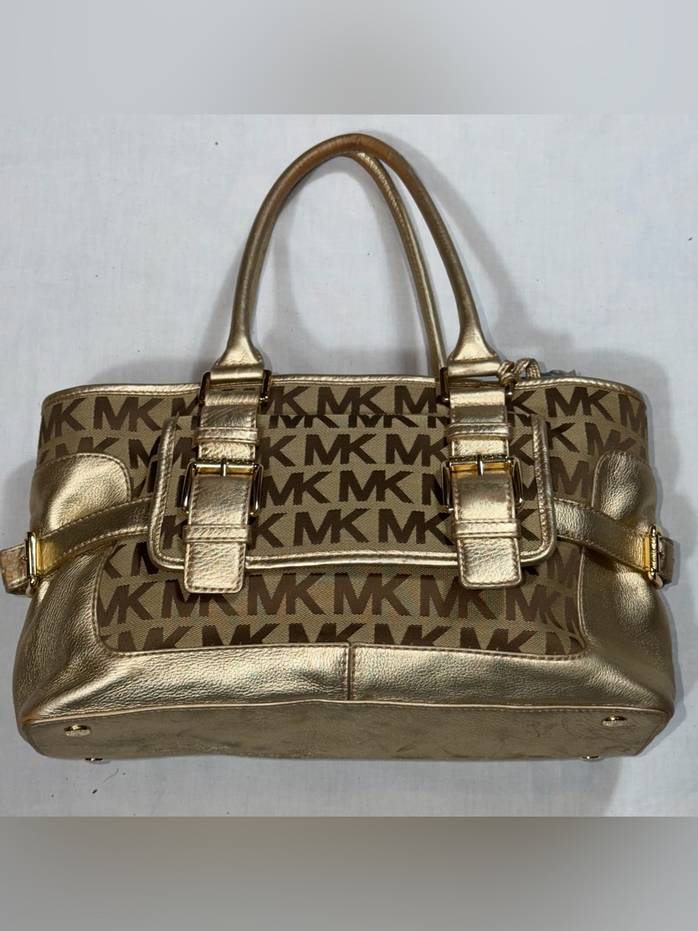 Michael Kors Gold Signature Jacquard Metallic Leather Satchel Bag